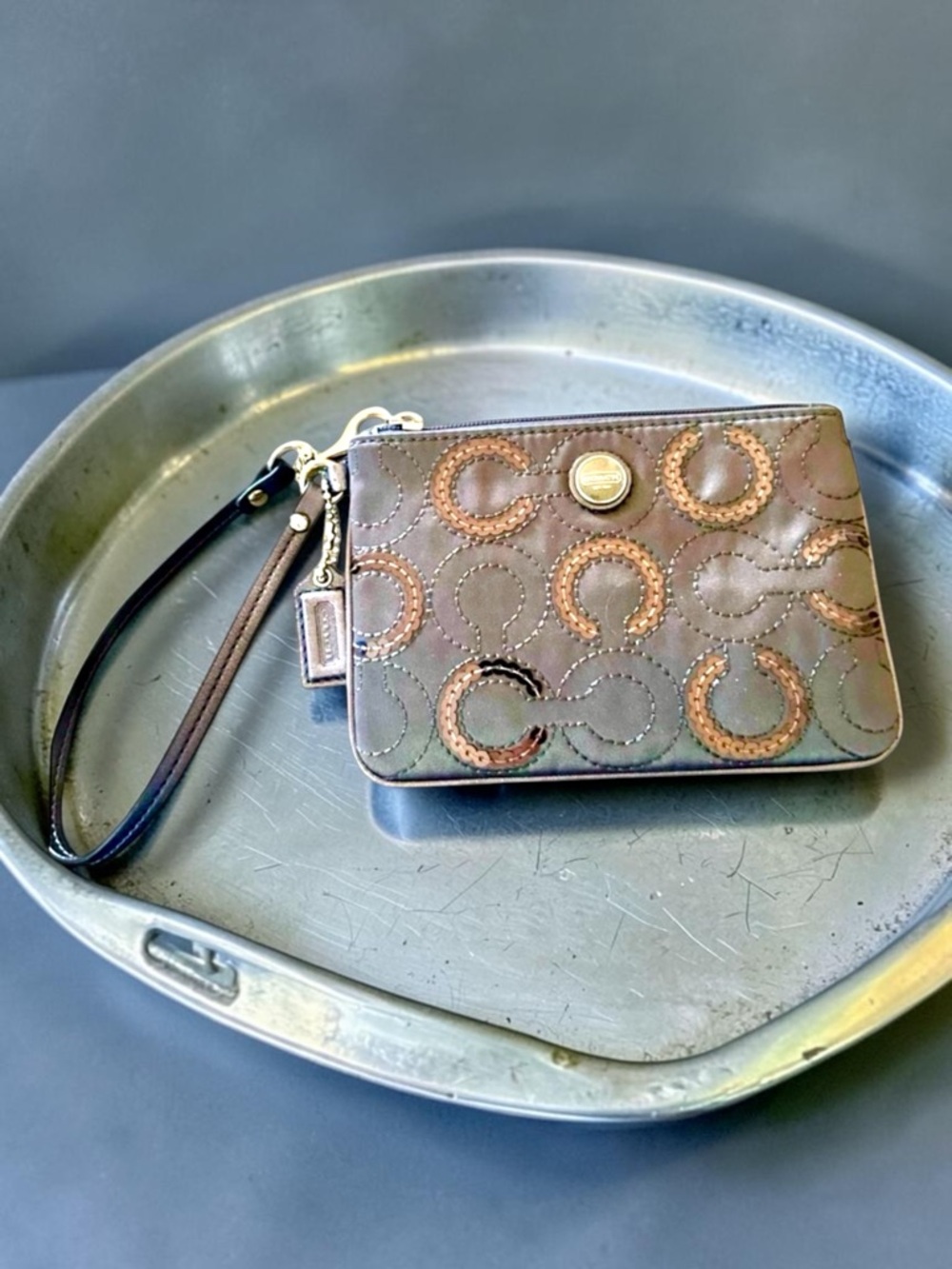 Coach Gray Op Art Sequin & Satin Clutch or Wristlet Like New
